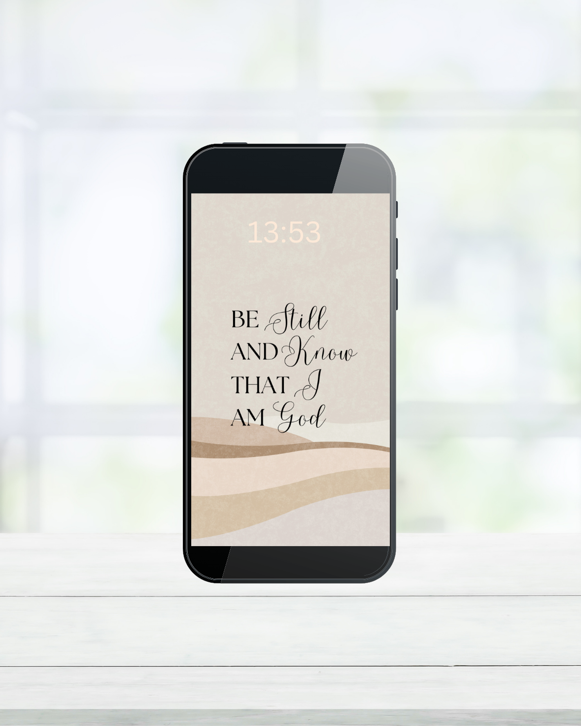 Christian Bible verse wallpaper “Be Still and Know That I Am God” on iPhone with abstract boho background