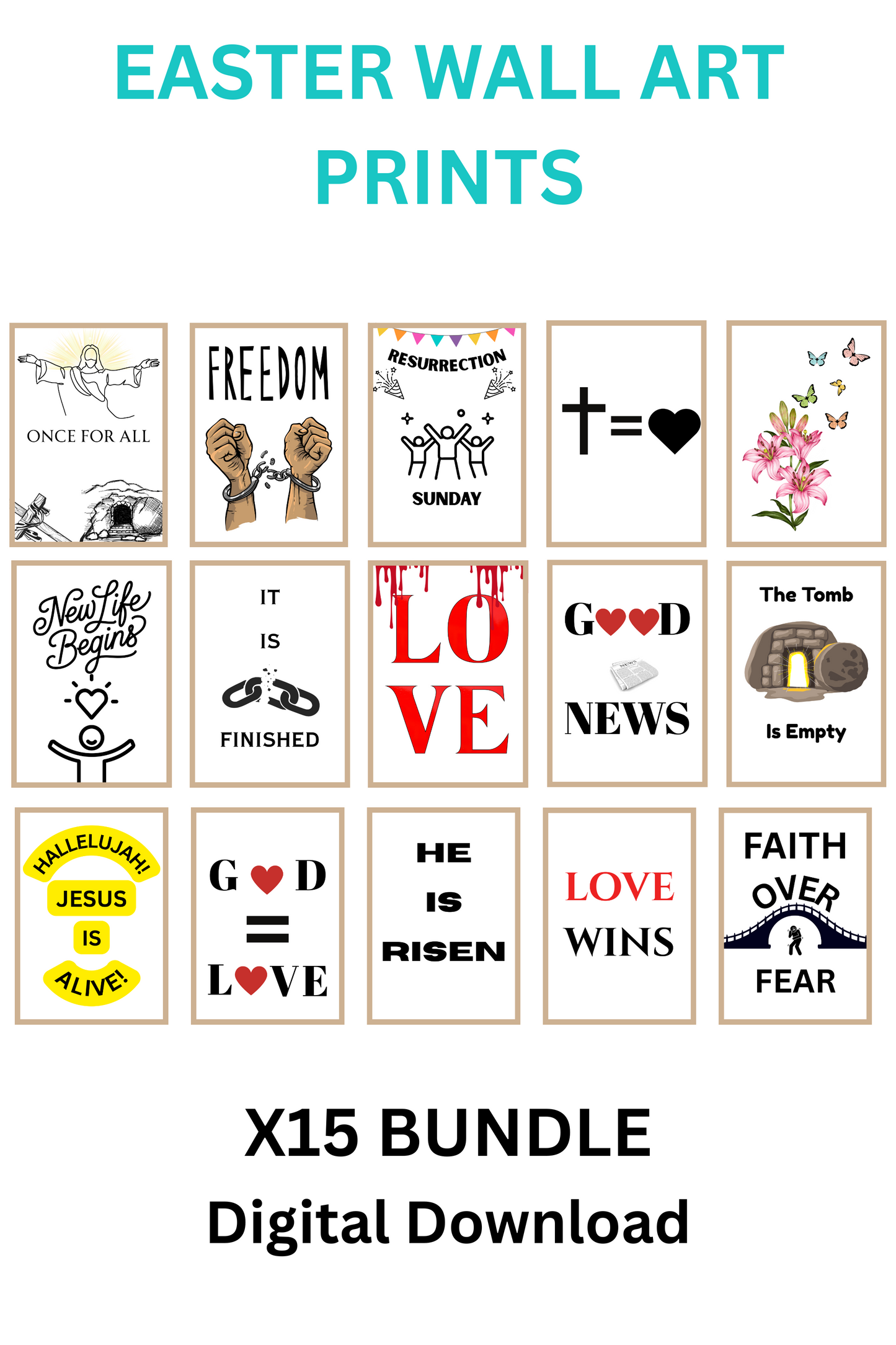 Easter Wall Art Printable Bundle – 15 Digital Posters with Uplifting Spring & Resurrection Themes