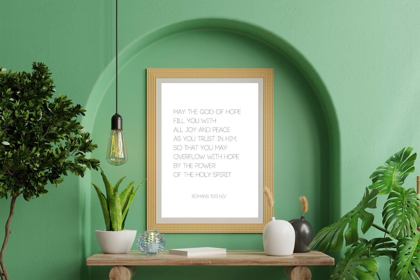 Digital download of Romans 15:13 scripture quote shown framed on desk with calming boho earth tones decor
