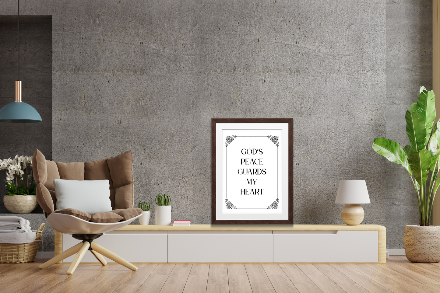 Contemporary typography wall art with the quote “God’s Peace Guards My Heart” in a serene home office or relaxation area.