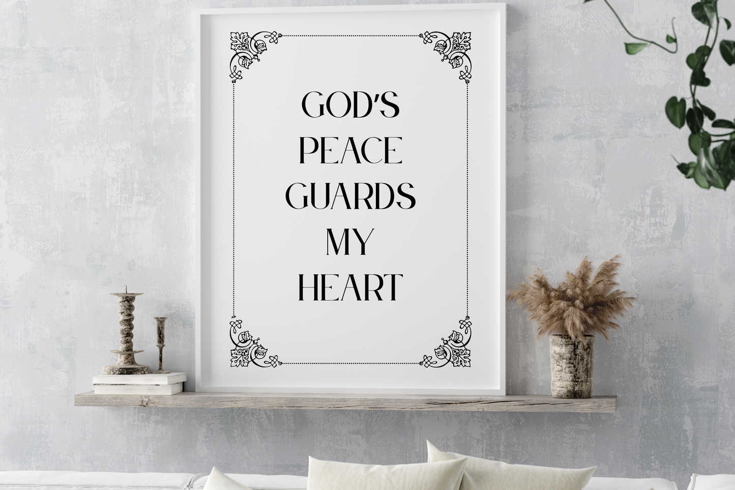 God’s Peace Guards My Heart printable wall art displayed in a modern living room with neutral tones.