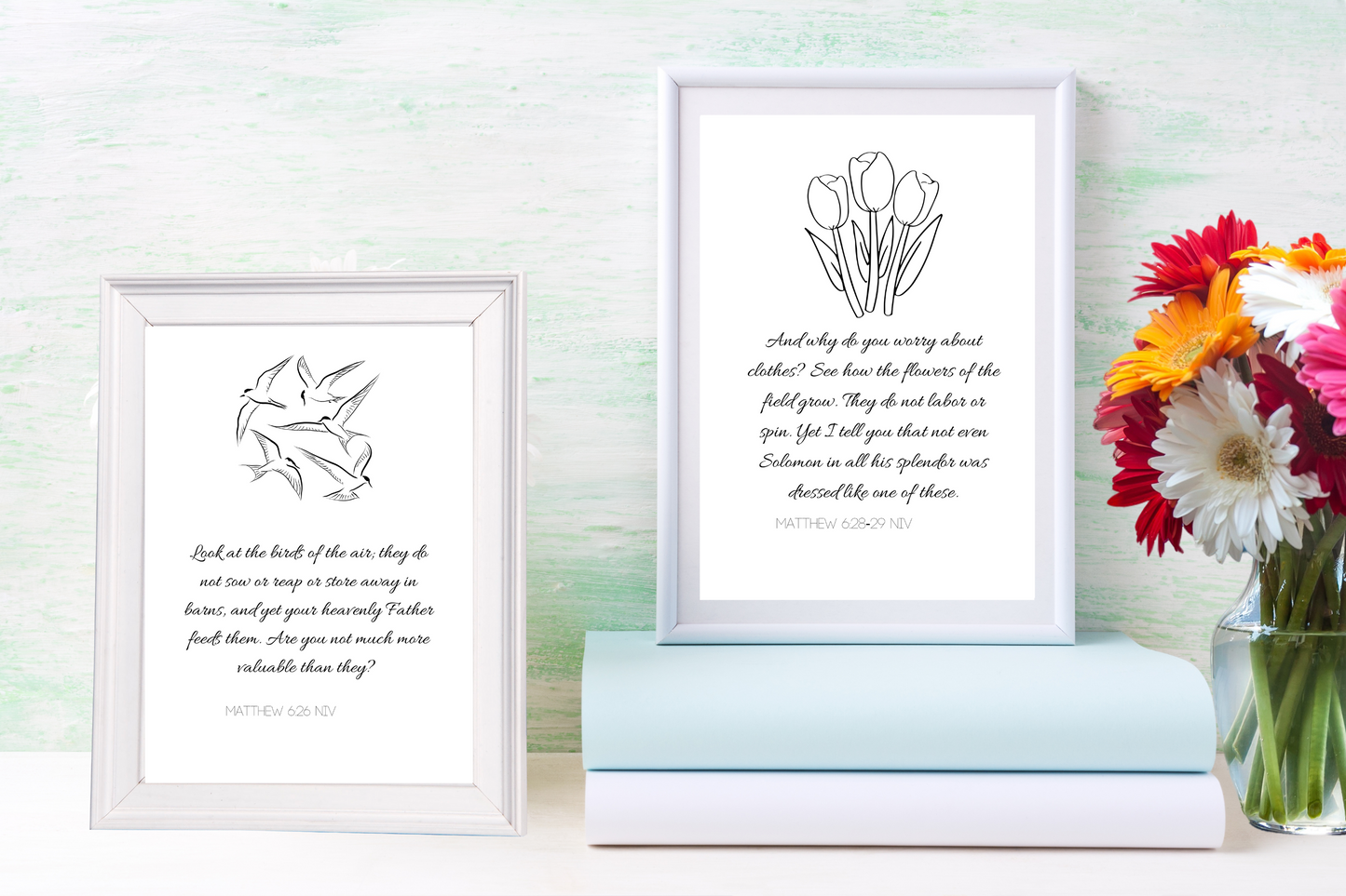 Matthew 6:26 and 6:28-29 Printable Wall Art – Birds and Flowers Scripture Quote for Calm & Encouragement