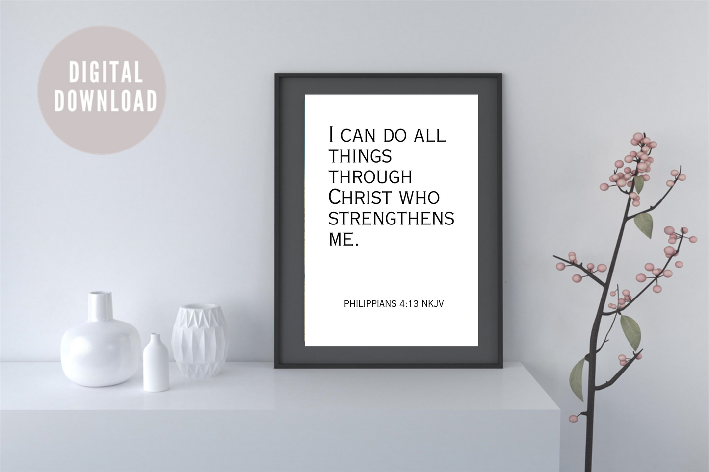 Philippians 4:13 printable bible verse typography wall art framed in a modern living room setting.