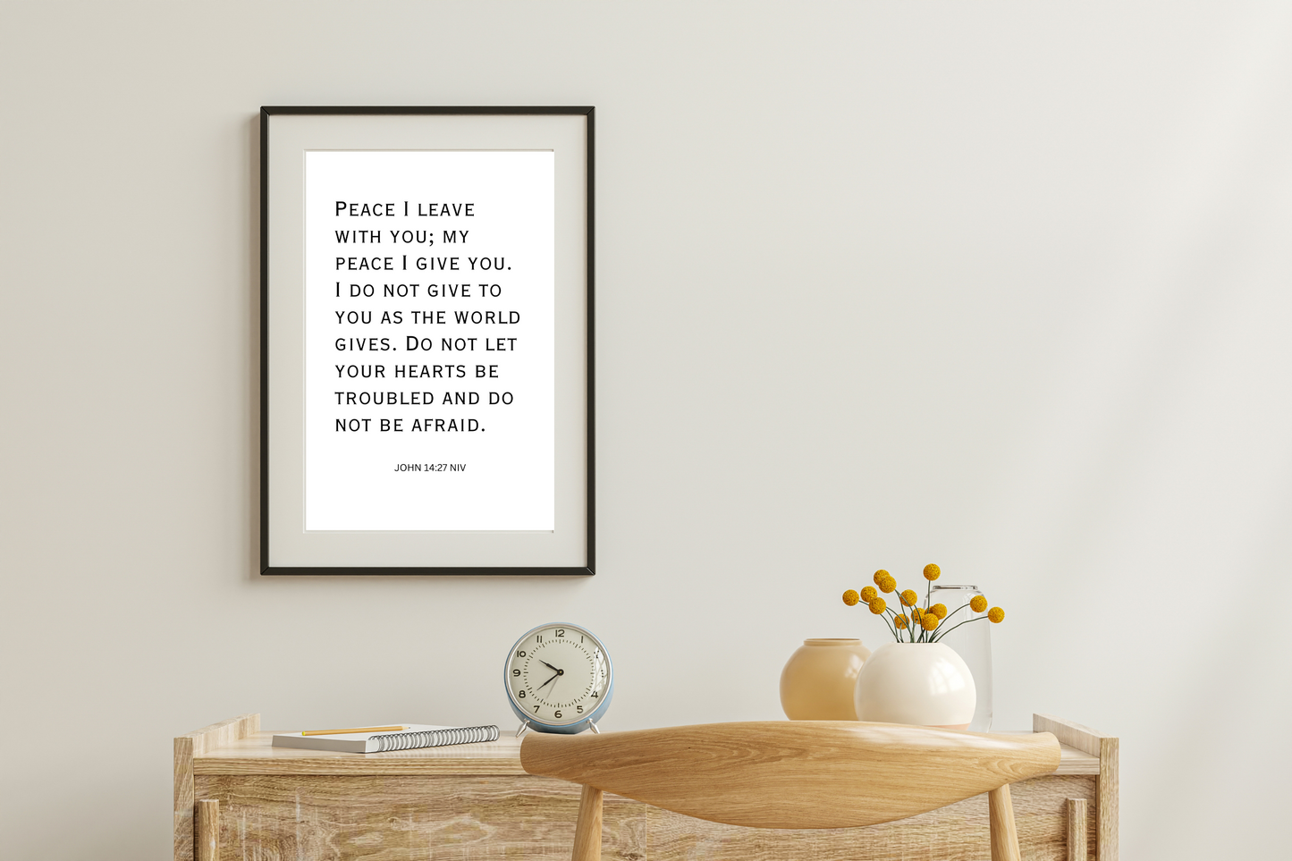 High-definition digital Bible verse poster styled on a wooden desk with a vase, clock and book, and a peaceful Sunday morning vibe.