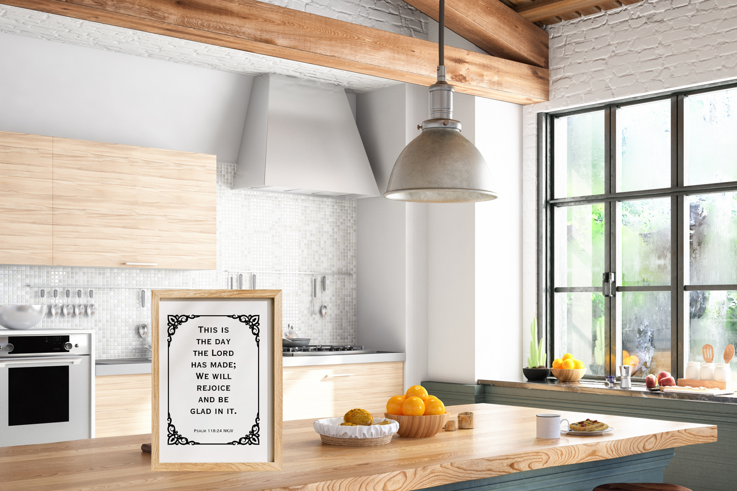Motivational Christian wall decor of Psalm 118:24 displayed in a bright modern kitchen with a wooden countertop.