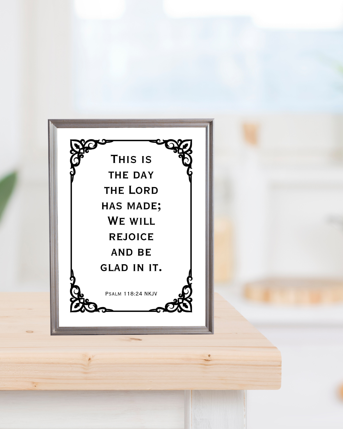 High-definition scripture wall art printable of Psalm 118:24 framed print with an inspirational quote on a wooden surface.