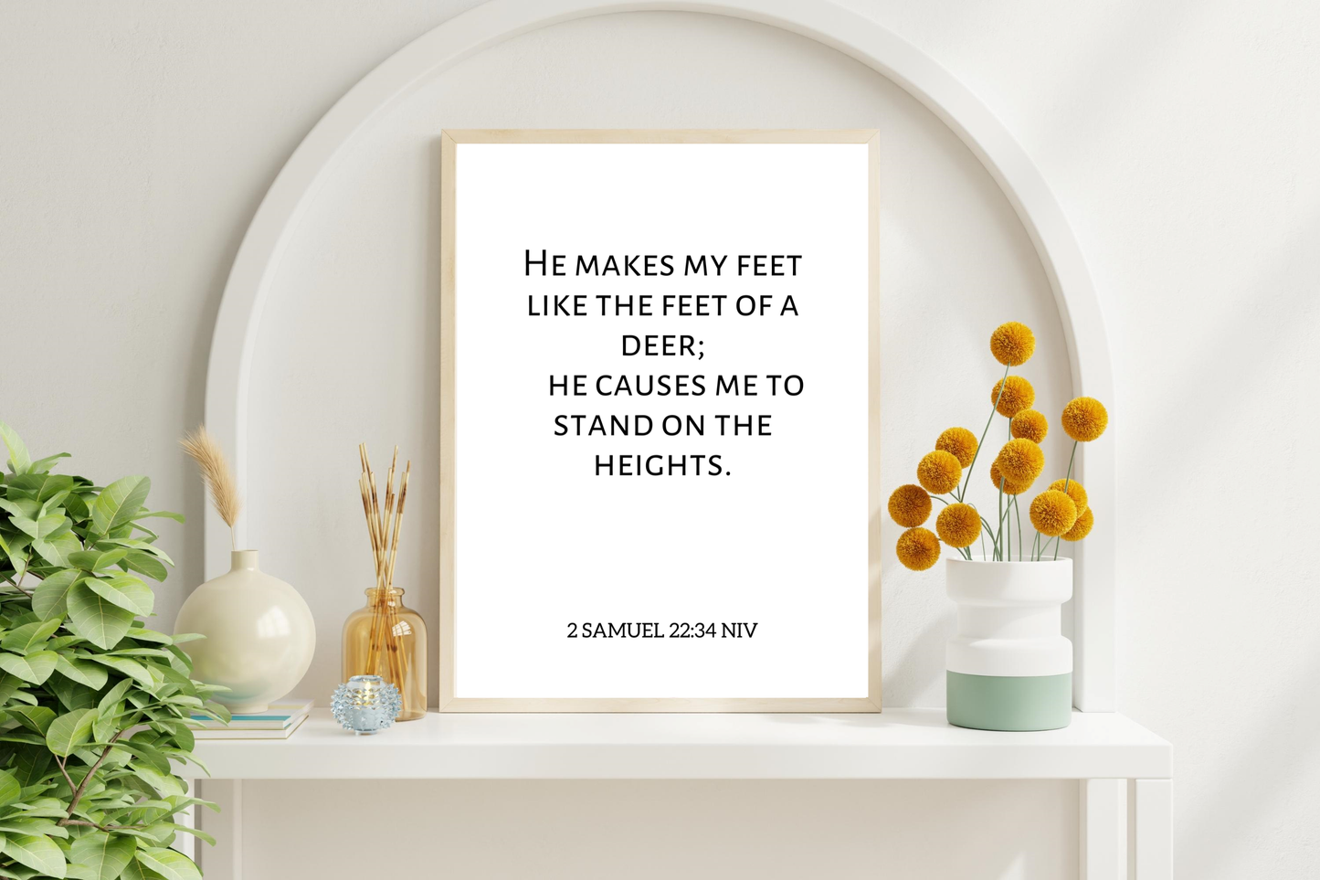 Inspirational Christian scripture wall art with minimalist typography hanging in a hallway setting.