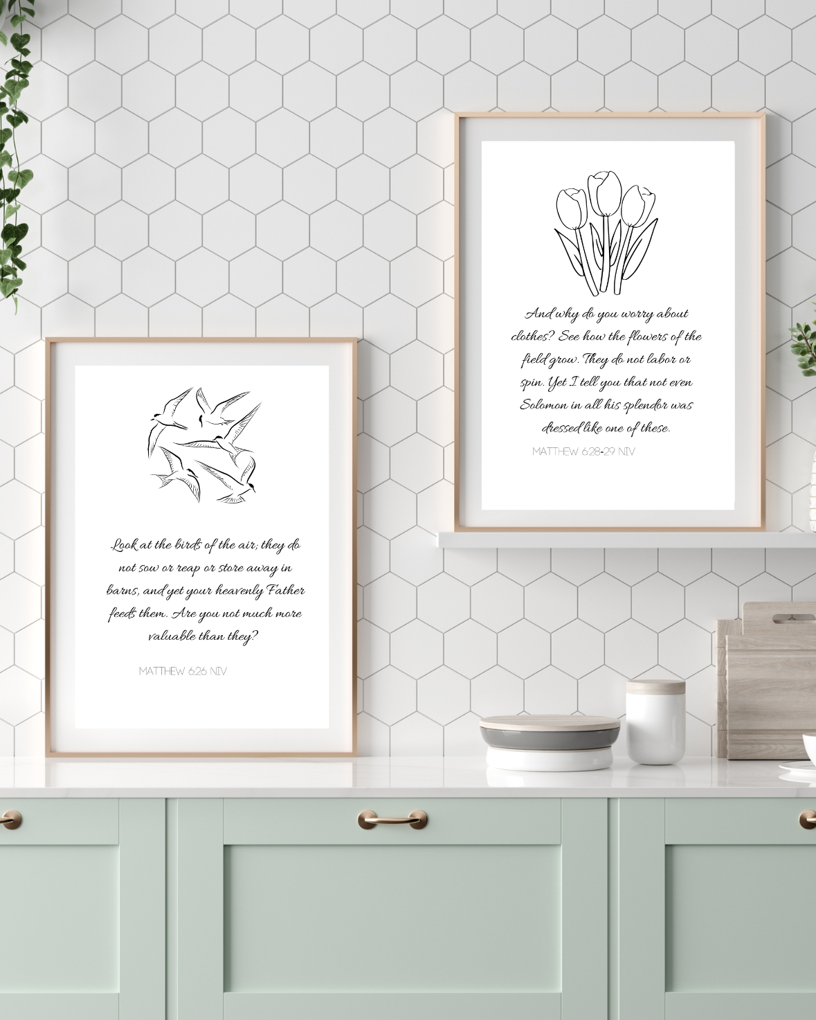 Matthew 6:26 and 6:28-29 Printable Wall Art – Birds and Flowers Scripture Quote for Calm & Encouragement