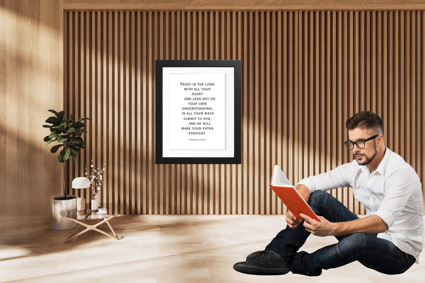 Minimalist Christian Bible verse poster with inspirational typography placed in a serene living space.