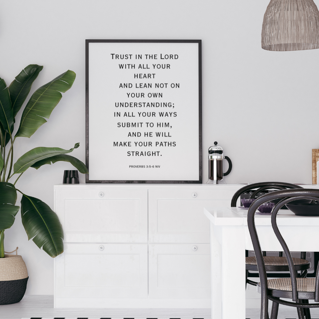 Christian scripture typography print with positive prayer quote displayed on a stylish home dining room