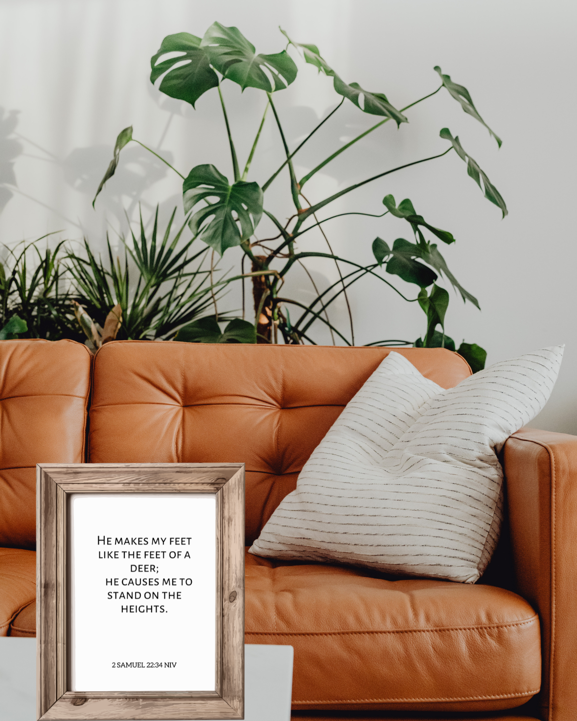 Modern Christian typography wall art printable displayed in a rustic styled home office or relaxation area for peaceful inspiration.