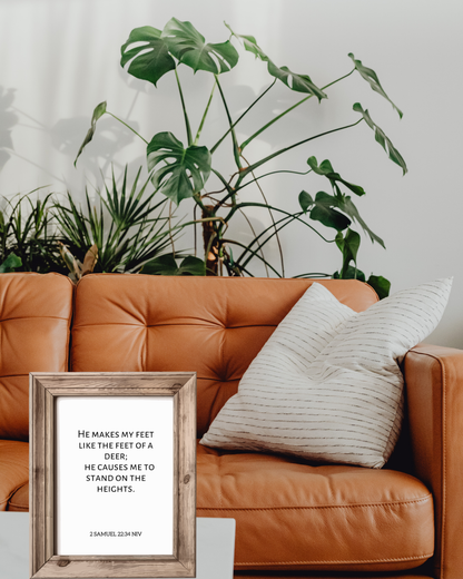 Modern Christian typography wall art printable displayed in a rustic styled home office or relaxation area for peaceful inspiration.