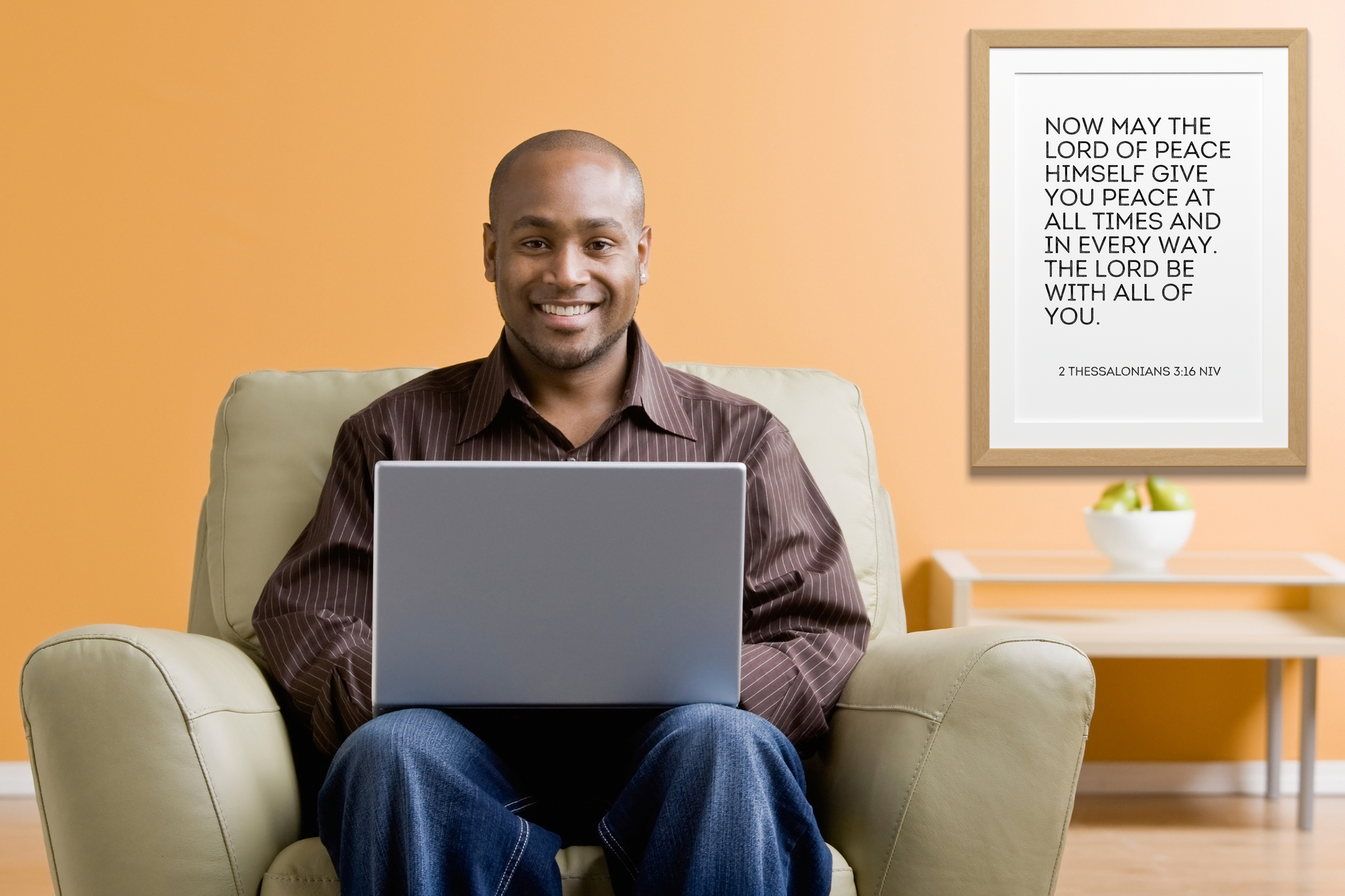 2 Thessalonians 3:16 printable wall art displayed in a modern living room with minimalist decor.
