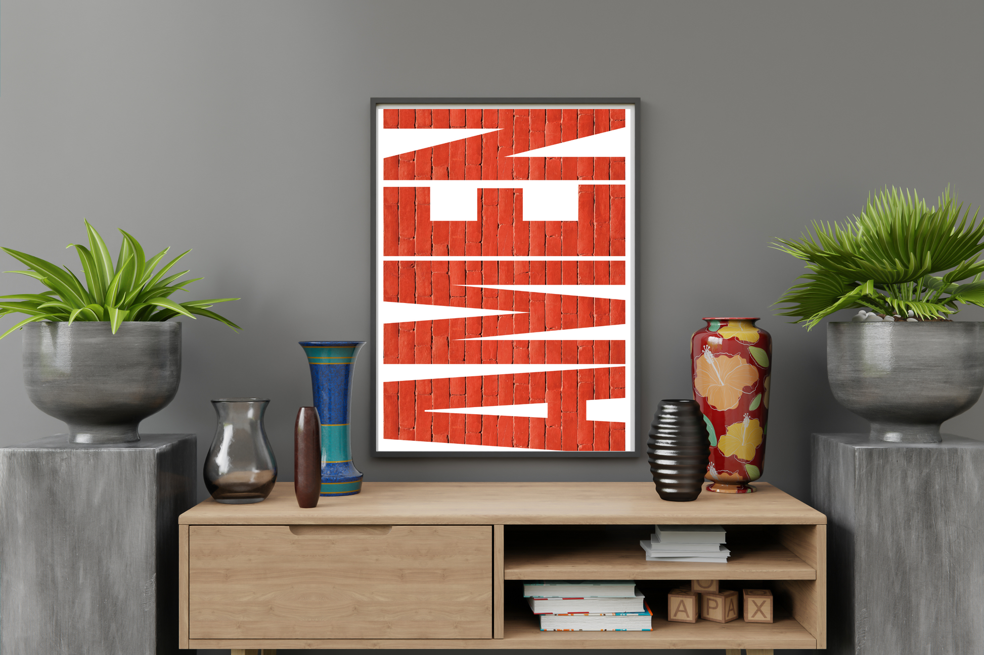 Red AMEN statement wall art styled in a home office with clean, modern décor