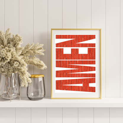 AMEN printable wall art hanging in a calm bedroom setting with a plant and simple styling