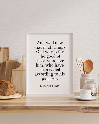 Romans 8:28 inspirational Christian bible verse wall art displayed as trending kitchen statement decor.