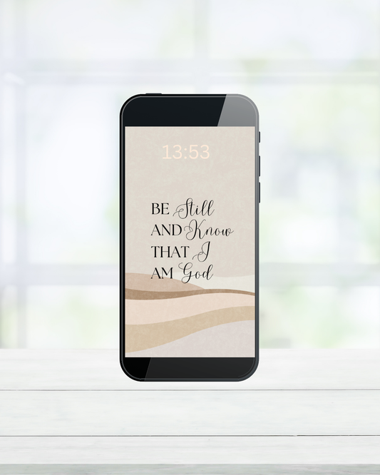 Christian Bible verse wallpaper “Be Still and Know That I Am God” on iPhone with abstract boho background