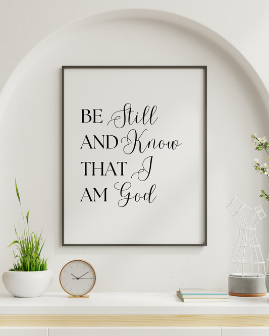 Framed artwork with 'Be Still and Know That I Am God' quote on a wall with decor elements.