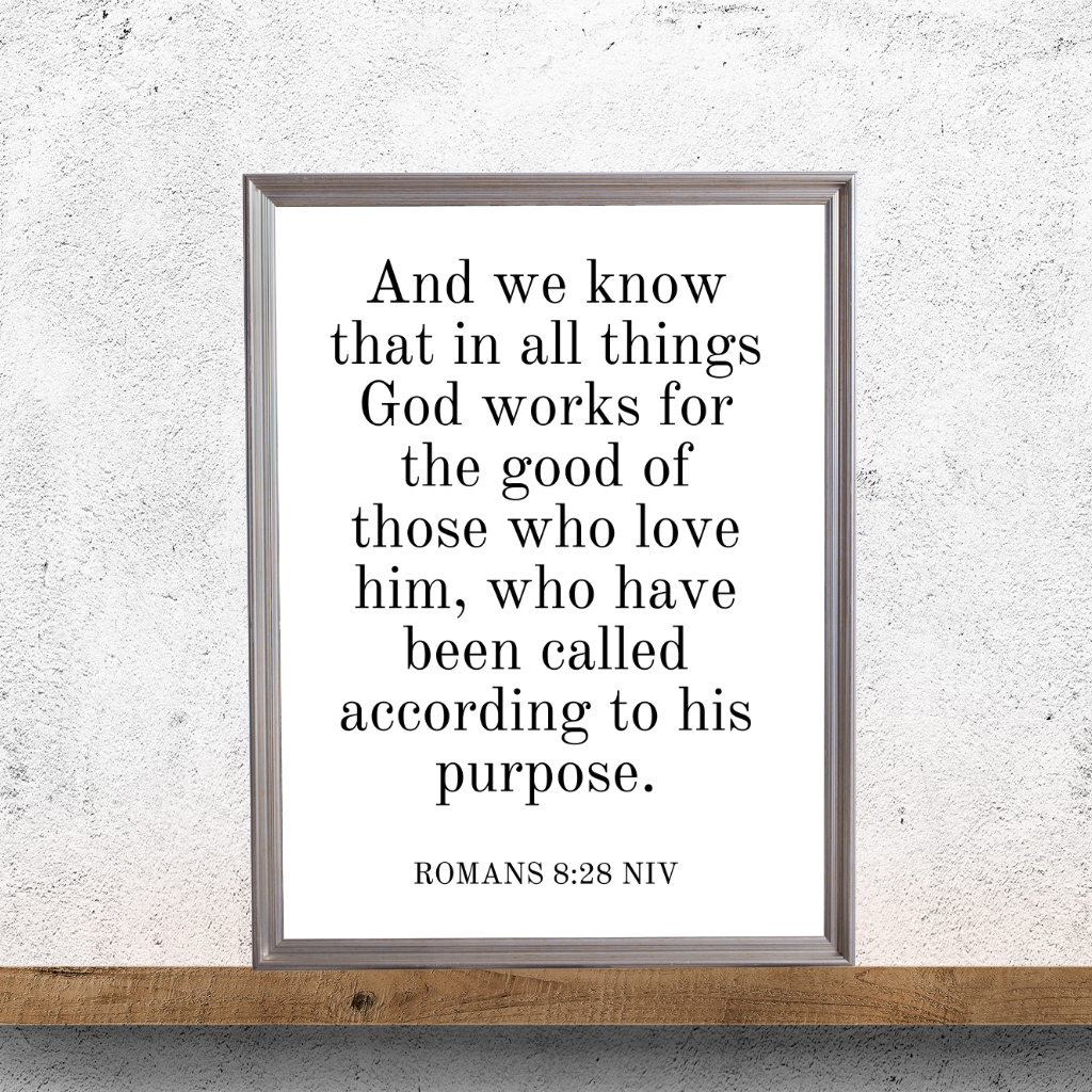 Faith-based Romans 8:28 typography printable styled as simplistic high-definition digital art on a wall.