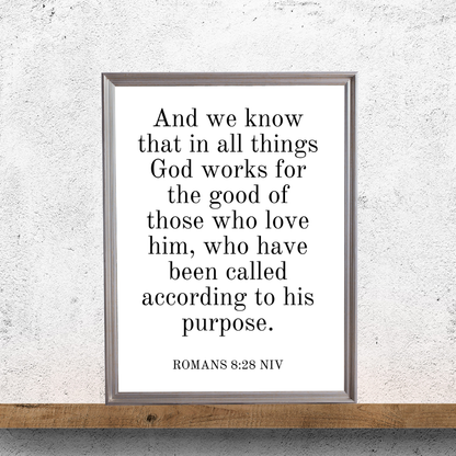 Faith-based Romans 8:28 typography printable styled as simplistic high-definition digital art on a wall.
