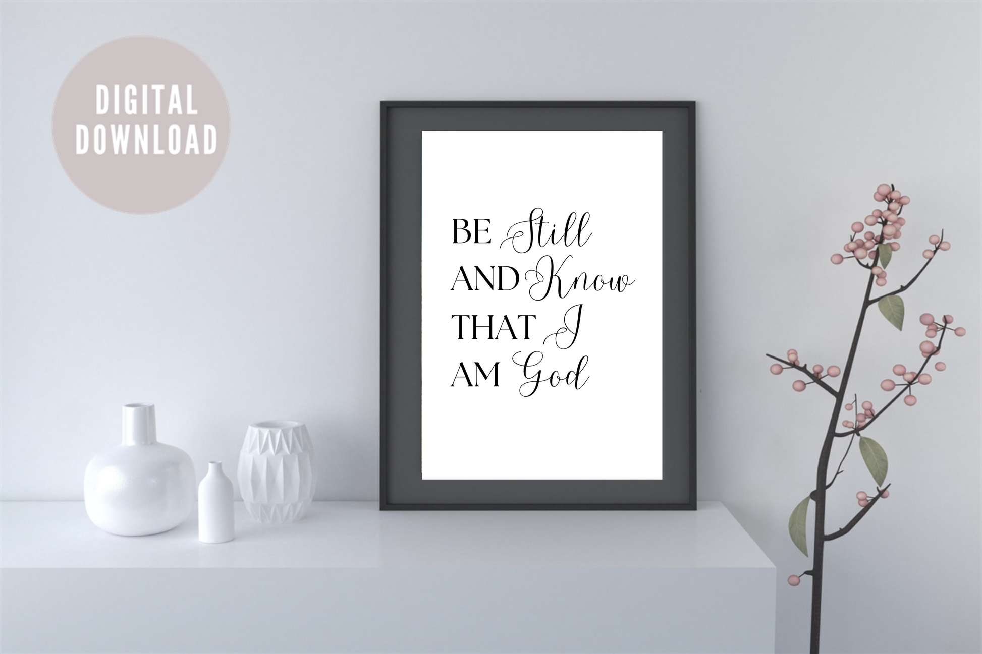 Black and white typography Bible verse artwork displayed in a narrow hallway above a console table, styled with decorative vases and a hall plant