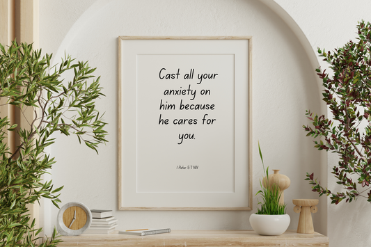 1 Peter 5:7 Printable Wall Art – Christian Bible Verse Typography for Home & Office Decor