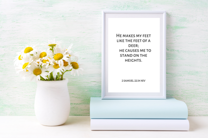 Motivational Bible verse digital print styled above a bedroom dresser with calm, contemporary decor.