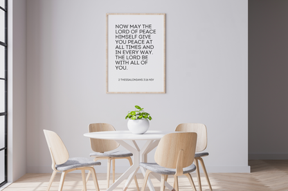 Christian bible verse typography art from 2 Thessalonians 3:16 styled in a contemporary home dining room