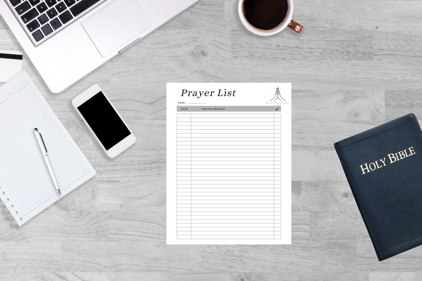 Black and white prayer tracker printable PDF flat lay mock-up