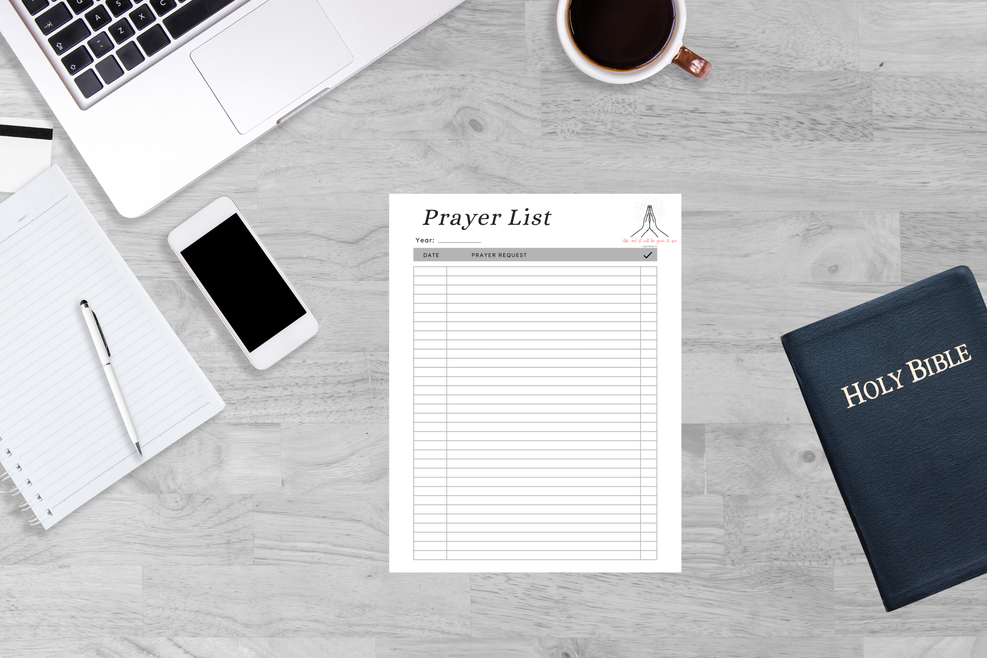 Black and white prayer tracker printable PDF flat lay mock-up