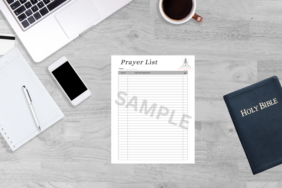 Black and white prayer tracker printable PDF flat lay mock-up