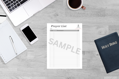 Black and white prayer tracker printable PDF flat lay mock-up