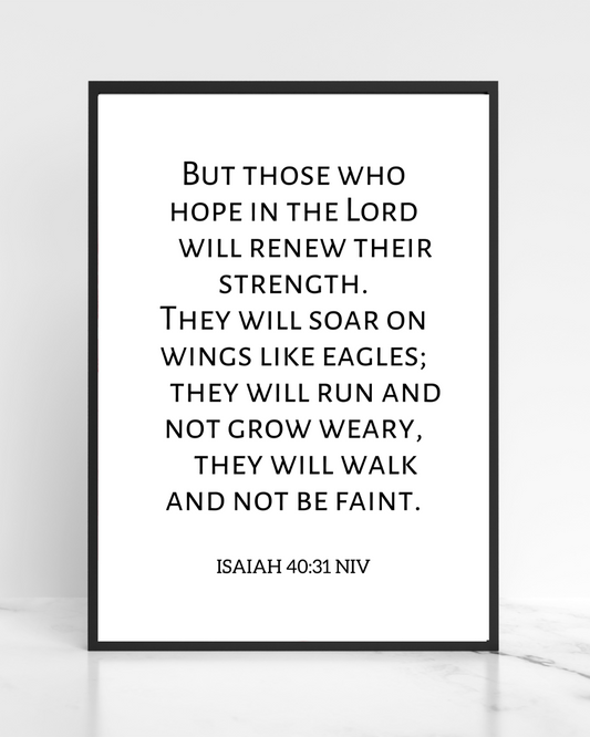 Framed Bible verse poster with Isaiah 40:31 verse, on a shelf with a white background