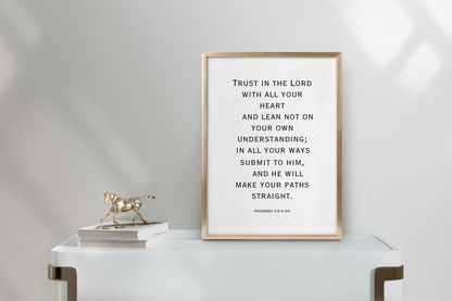 Printable Proverbs 3:5 Bible verse wall art in modern typography framed in a clean, minimalist living room.