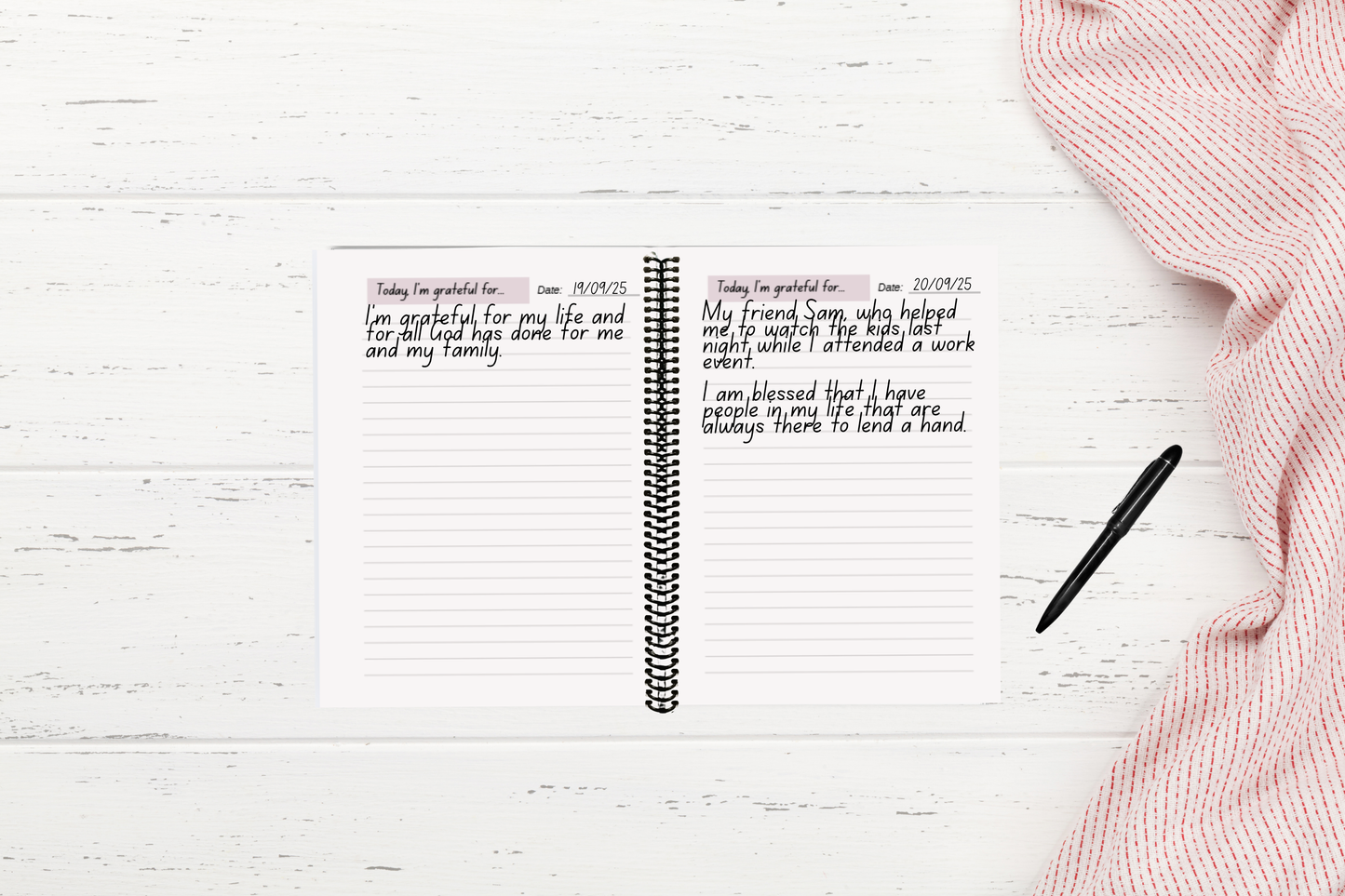 Christian gratitude journal on a white wooden table in peaceful home setting — perfect for self-care, reflection, and spiritual growth.