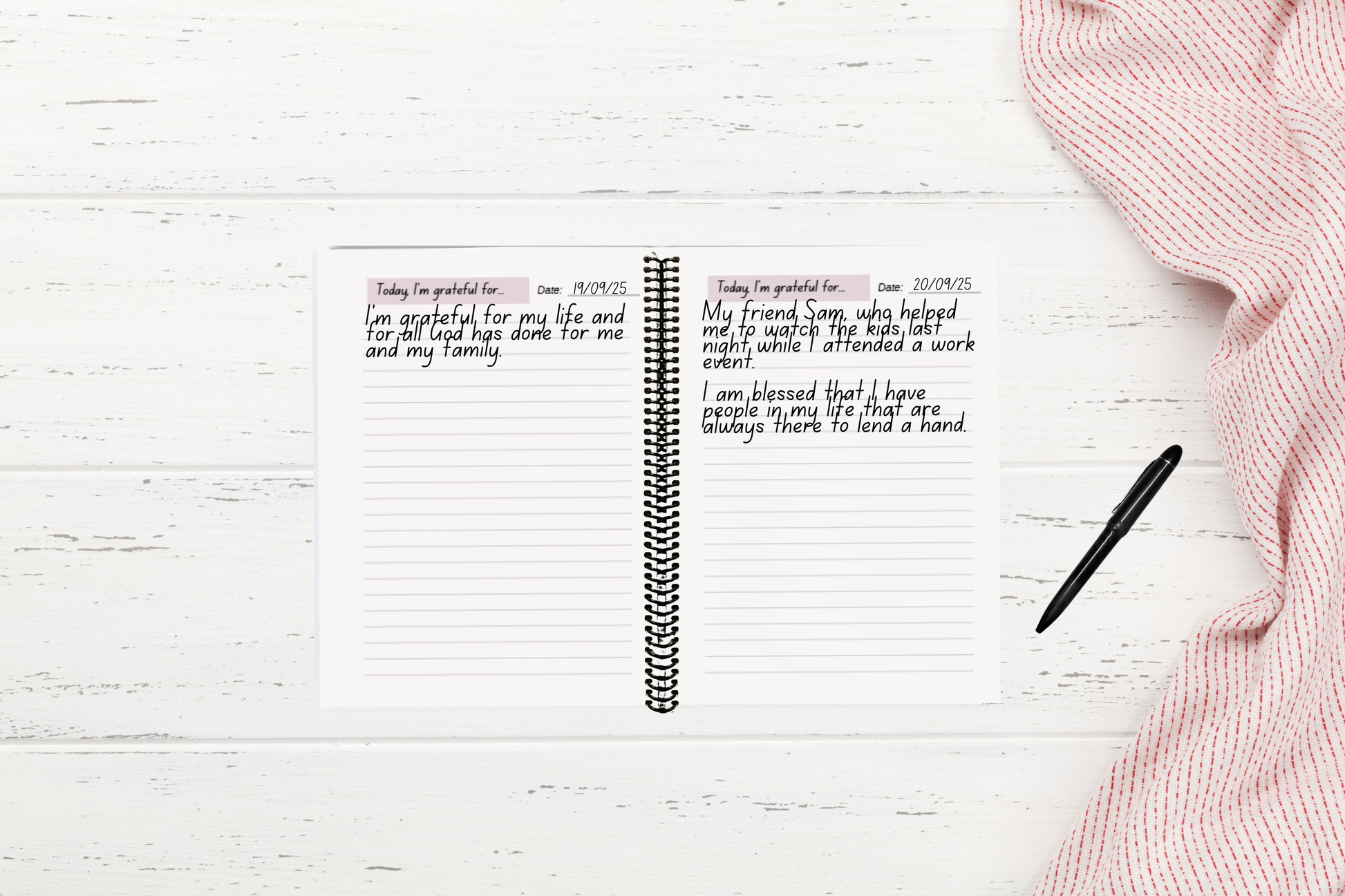 Christian gratitude journal on a white wooden table in peaceful home setting — perfect for self-care, reflection, and spiritual growth.