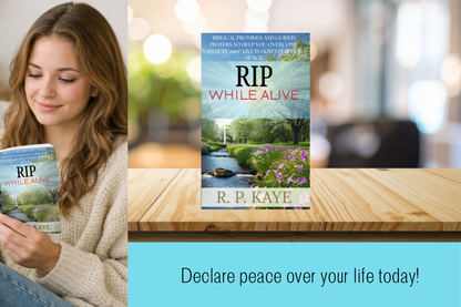 Woman reading RIP While Alive Christian devotional by R.P. Kaye, a scripture-based prayer book for anxiety relief and spiritual peace.