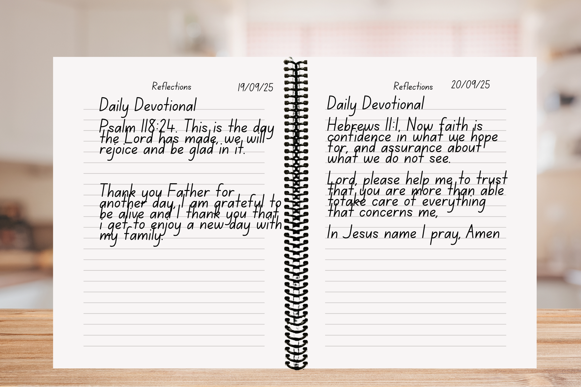 A4 coiled Scripture Reflection Journal on a kitchen conter — 150-page Christian notebook for quiet time and spiritual growth.”