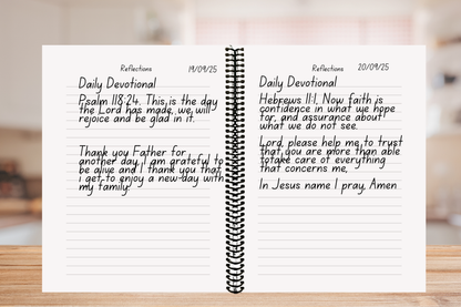 A4 coiled Scripture Reflection Journal on a kitchen conter — 150-page Christian notebook for quiet time and spiritual growth.”