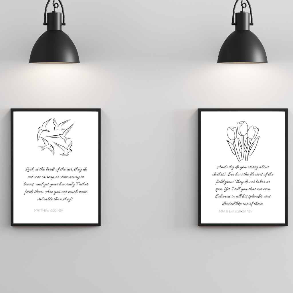 Matthew 6:26 and 6:28-29 Printable Wall Art – Birds and Flowers Scripture Quote for Calm & Encouragement