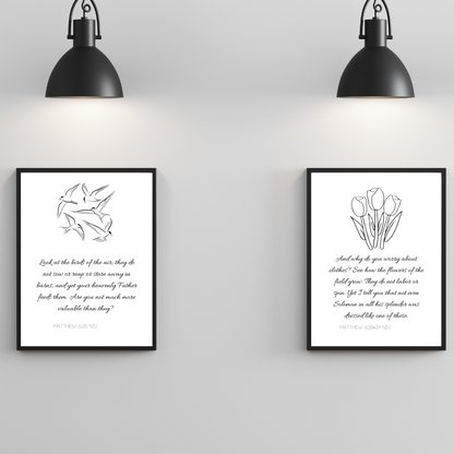 Matthew 6:26 and 6:28-29 Printable Wall Art – Birds and Flowers Scripture Quote for Calm & Encouragement