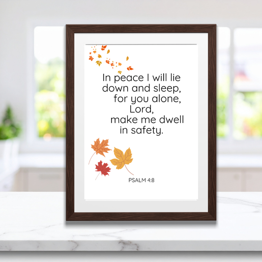 Kitchen: Printable scripture wall art “In peace I will lie down and sleep” styled on a contemporary kitchen counter.