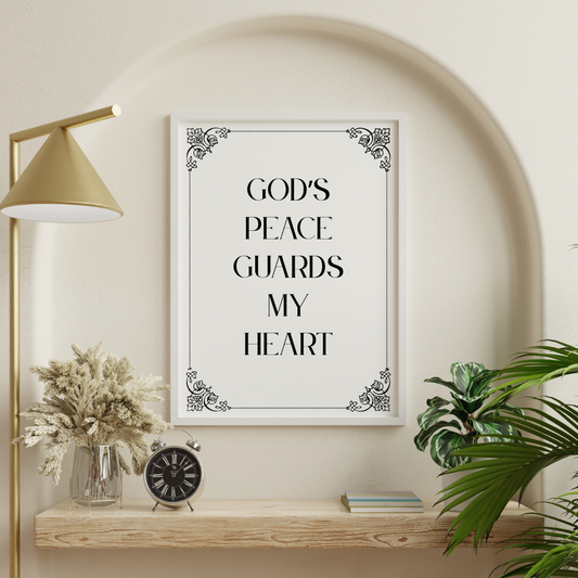 Faith-based printable wall art featuring scripture displayed above a shelf in a reading corner.