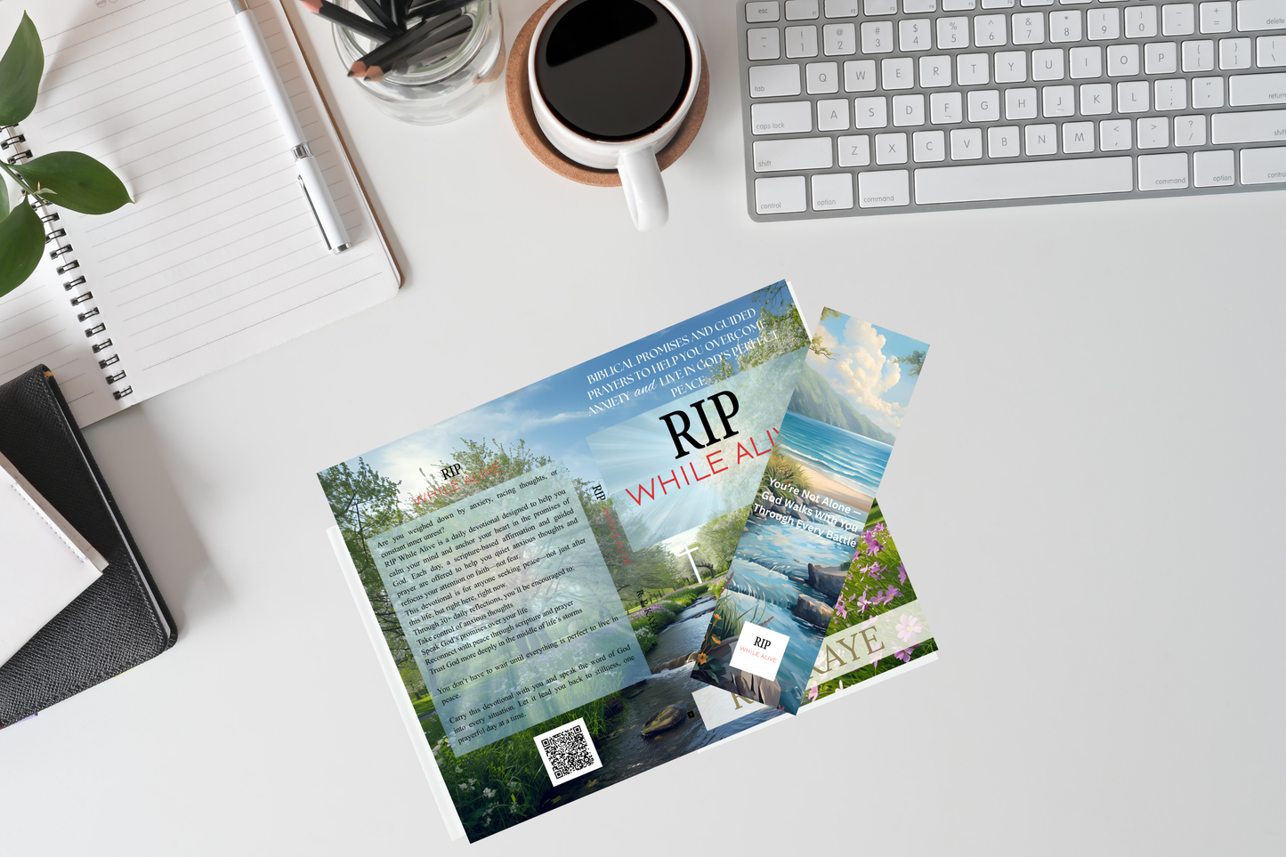 Motivational Bible printable bookmark resting on an organised office desk on top of  a daily devotional book