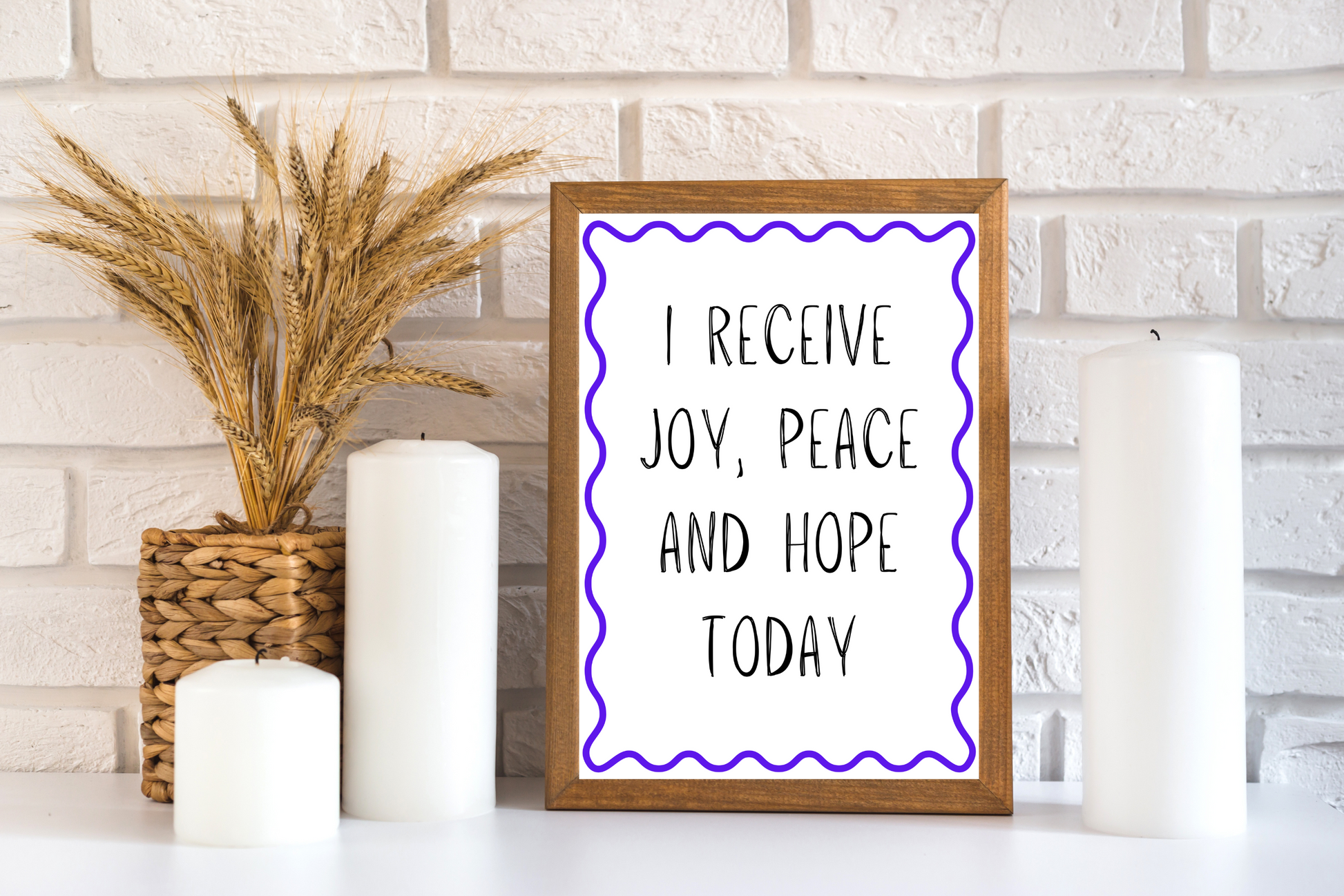 Faith-based digital wall art printable affirmation placed above a contemporary sofa in a clean, soft life aesthetic