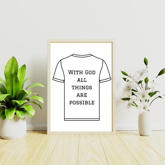 Printable wall art with the typography “With God, All Things Are Possible” displayed in a modern living room with neutral tones and minimalist decor.