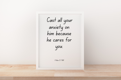 1 Peter 5:7 Printable Wall Art – Christian Bible Verse Typography for Home & Office Decor