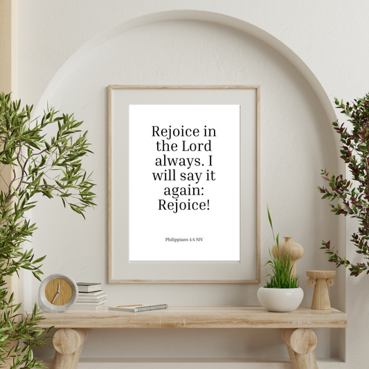 Philippians 4:4 Printable Wall Art – Christian Bible Verse Typography for Home & Office