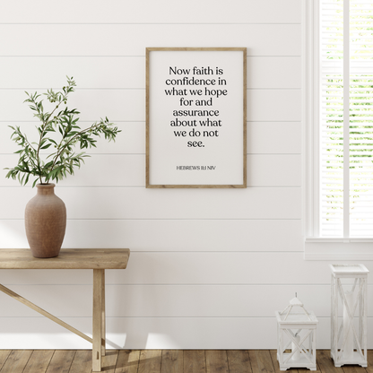 Modern digital art printable with Hebrews 11:1 typography – motivational wall decor.