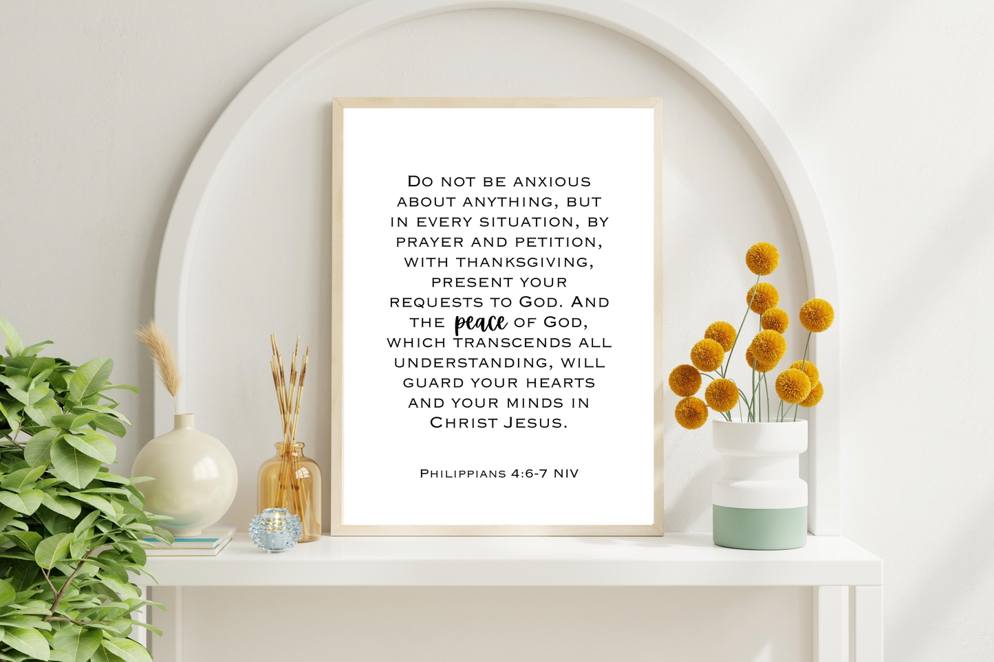 Modern Christian printable wall art featuring Philippians 4:6-7